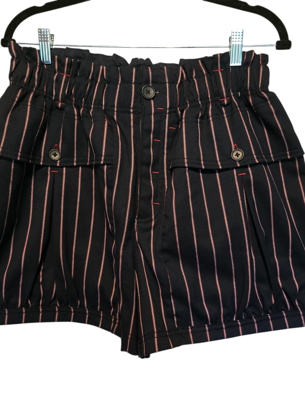 Free People Navy Blue & Red Pinstripe Paperbag Waist Shorts - Large